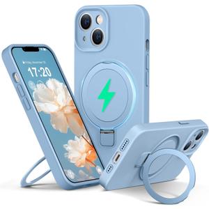 Liquid Silicone Case for iPhone 14 with Magnetic Ring Stand, Upgraded Camera Lens Protection, Mil-Grade Drop Shockproof, Anti-Scratch Microfiber Lining Silicone Case (Azure Blue)