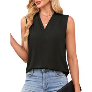 GRACE KARIN Summer Tank Top for Women Sleeveless Pleated V Neck Pullover Tee Shirt Casual Blouse Black M