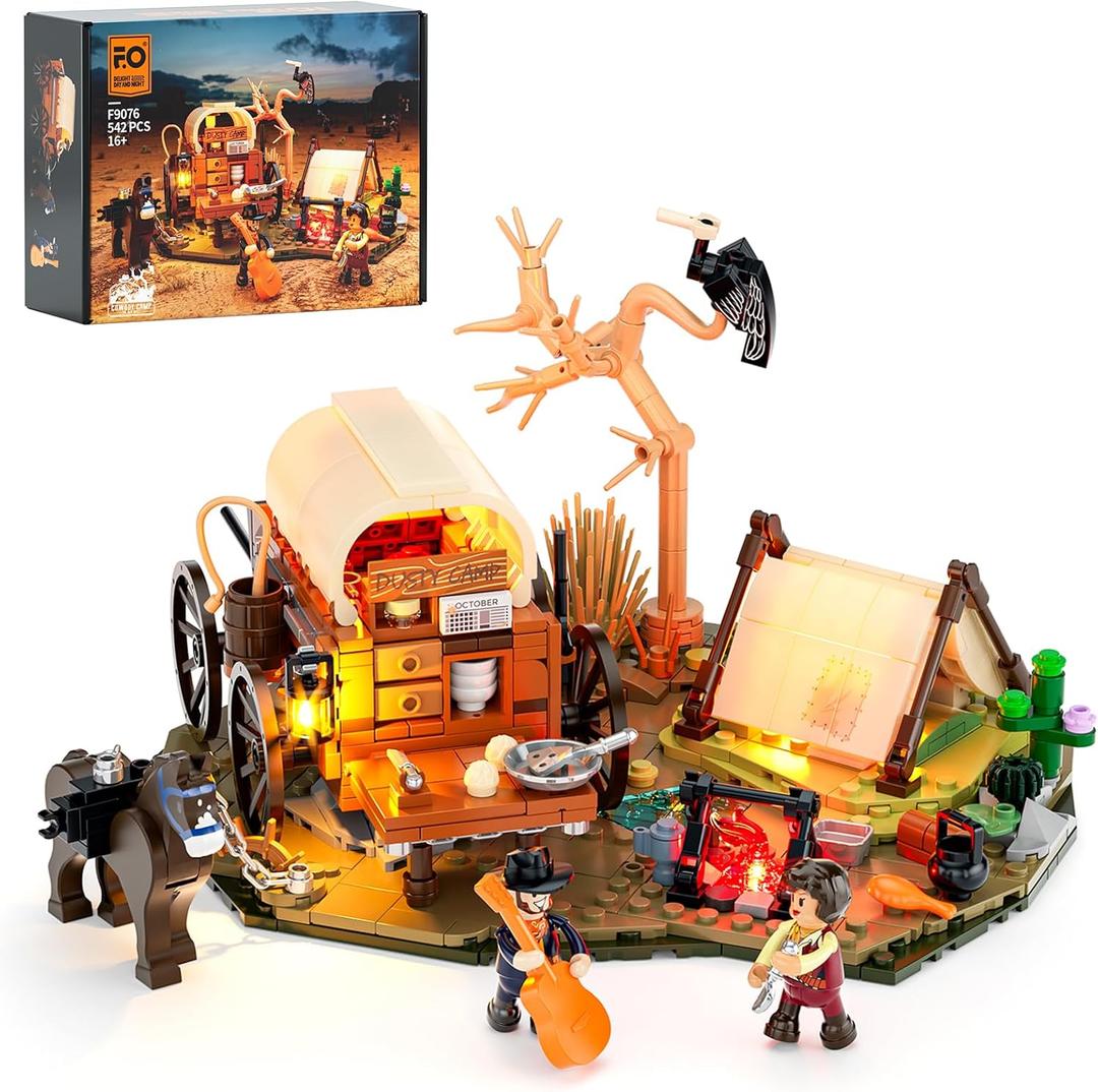 FUNWHOLE Cowboy Camp Lighting Building-Bricks Set - The Old West Shelter with Covered Wagon and Horse 542 Pcs Collection Display Set for Adults and West Lovers