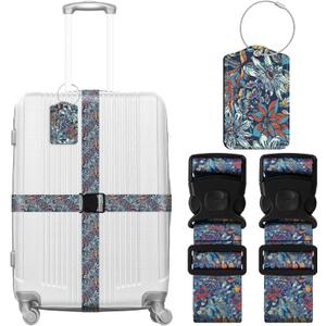 3 Pack Luggage Straps Tags Set for Suitcases, Travel Adjustable Belt with Quick Release Buckle and Name ID Label Card, Heavy Duty Nylon Bag Packing Strap for Business - Blue Flowers
