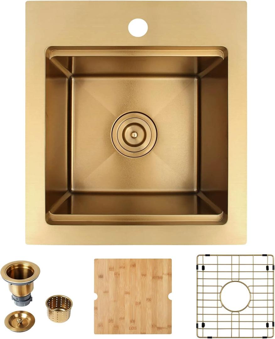 LQS 16" x 18" Gold Drop in Bar Sink, 16 Gauge Stainless Steel Small Single Bowl Workstation Kitchen Sink