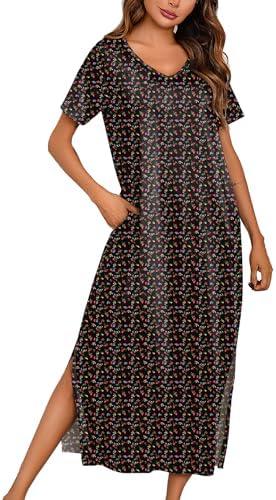 Marvmys Women Short Sleeve Nightgown Cotton Long Nightshirts with Pocket, Size Medium