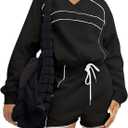 Fisoew Womens Sweatsuits 2 Piece Outfits V Neck Fleece Sweatshirts Contrast High Waisted Shorts Casual Tracksuits Lounge Sets (Black)