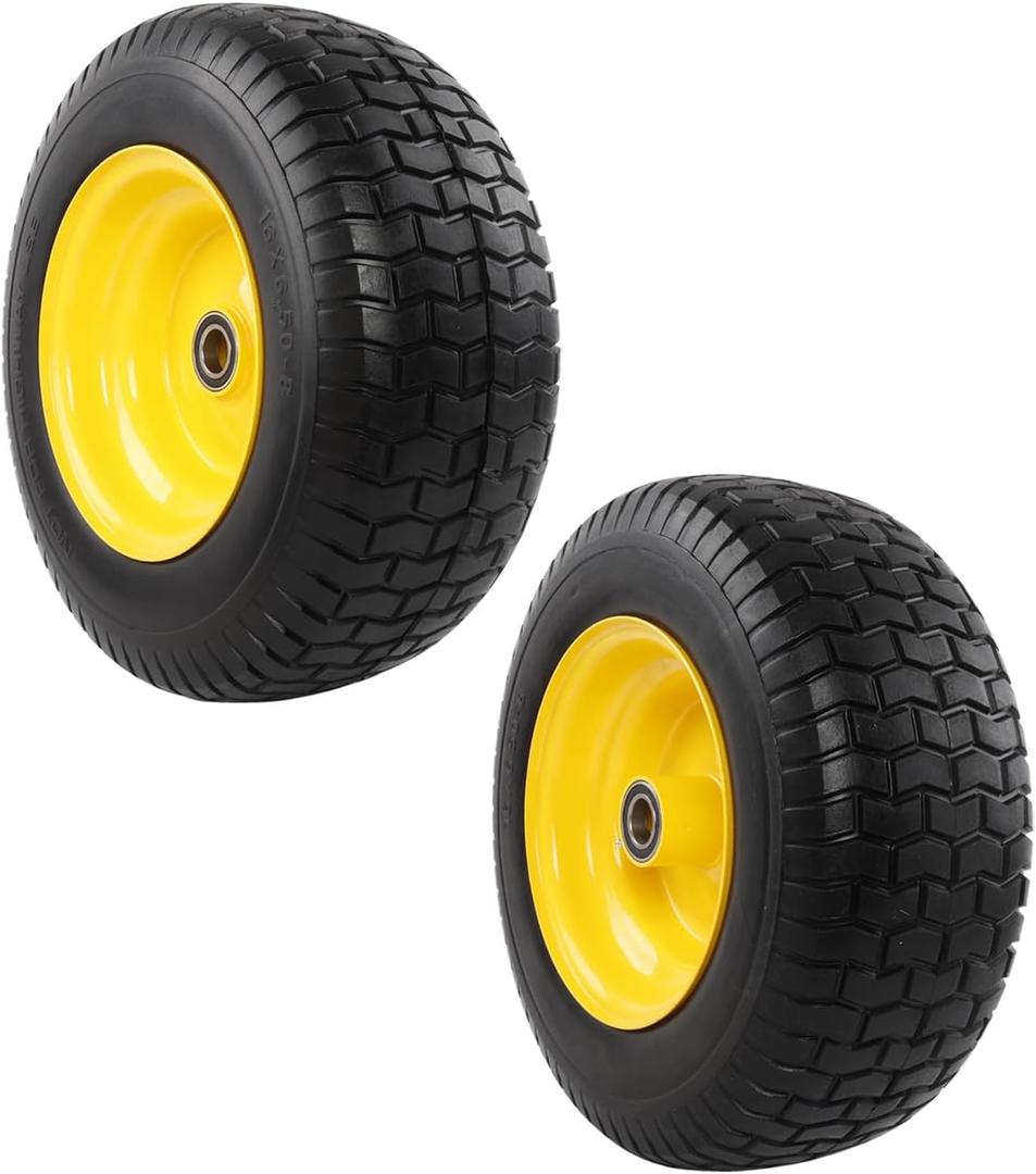 HQPASFY 16x6.50-8 Flat Free Tire and Wheel,Solid Rubber Front Lawn Mower Tires with Yellow Rim,1-Inch Bearing,3-Inch Offset Hub,riding lawn mower and garden tractor tire and wheel,2 Pack