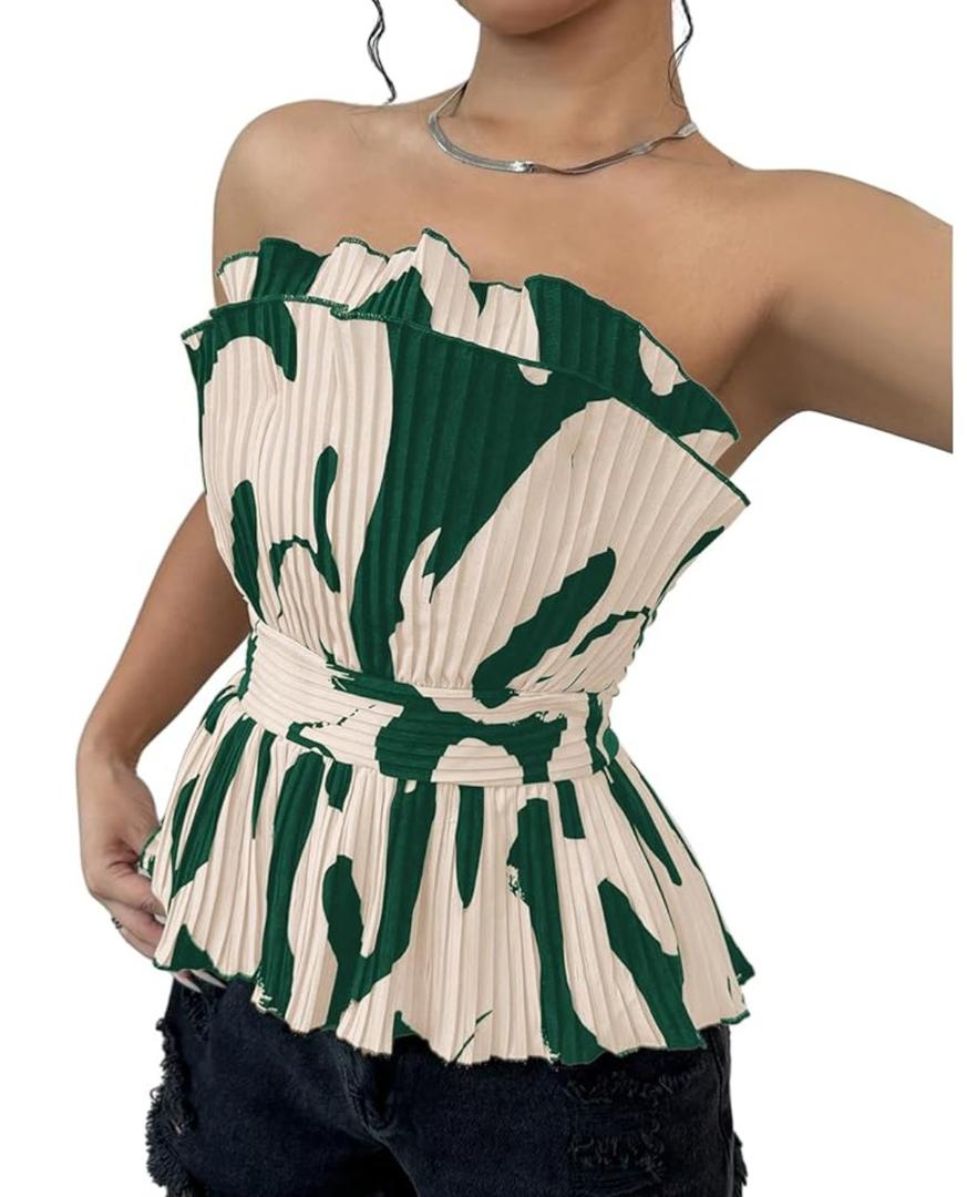 SweatyRocks Women's Ruffle Sleeveless Blouse Color Block Tube Tops Strapless Pleated Tops, Medium