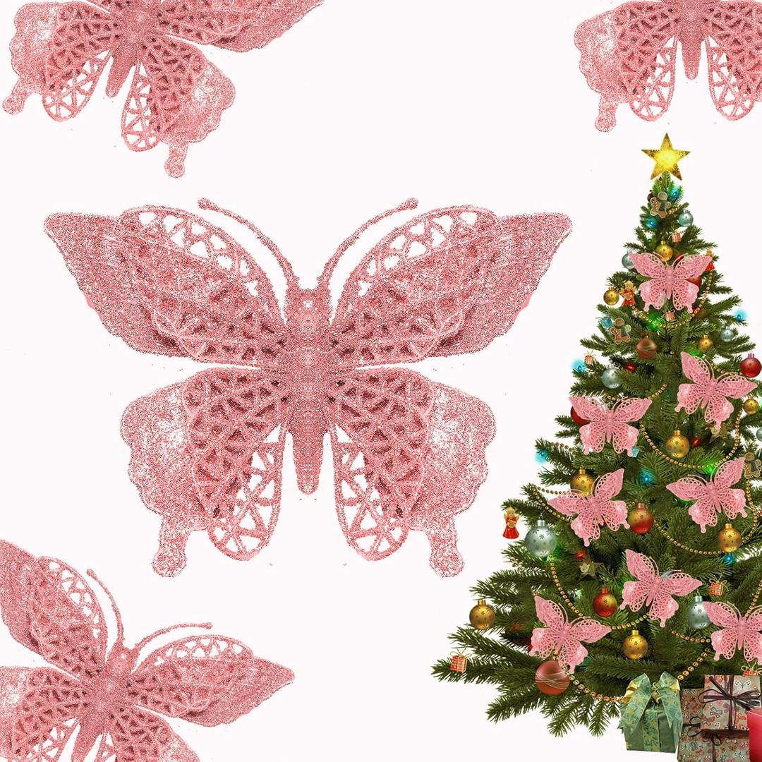 15 PCS Glitter Christmas Tree Butterfly Ornaments, Hollow Butterfly Christmas Decorations with Clips, Artificial Butterfly Ornaments Decoration for Christmas Tree, DIY Xmas Wreath Decor - Pink