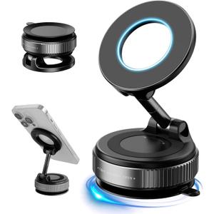 2026 Upgraded Vacuum Magnetic Car Phone Holder 360 Suction Cup Phone Mount for Magsafe Cell Phone Holders, Hands-Free Adjustable Foldable for iPhone 16 Pro Max & All Smartphones Car Gym Mirror (black)