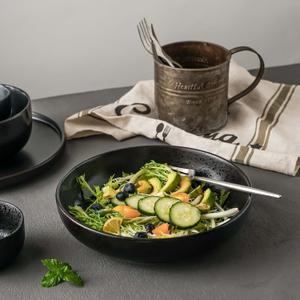 S&Q'S CERAMICS Large Pasta Bowls, 65 ounce Large Salad Bowls Set of 1, 10'' Ceramic Wide Shallow Bowl Plates, Large Serving Bowls for Fruit, Party Entertaining, Microwave Safe(Black and Grey)