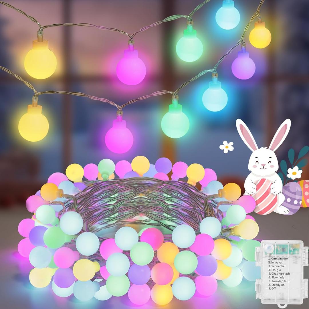 50 LED Globe String Lights - 16.4Ft Easter Pastel Colored Light with 8 Modes, Timer, Waterproof - Fairy Christmas Lighting for Outside Patio Tree Bedroom House Drom Party Garland Spring Decorations