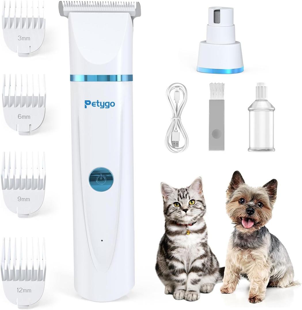 PETYGO 2-in-1 Dog & Cat Grooming Kit - Rechargeable Cordless Pet Hair Clippers with Nail Grinder & Paw Trimmer & 4 Guide Combs, Low Noise Dog Clippers for Grooming Small Medium Pets