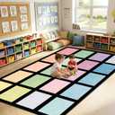 5x7.6 ft Pastel Color Squares Classroom Rug Colorful Educational Area Mat Happy Squares Rainbow Color Themed Play Carpet Back to School Learning Mat for Preschool Nursery Kindergarten(Pastel)