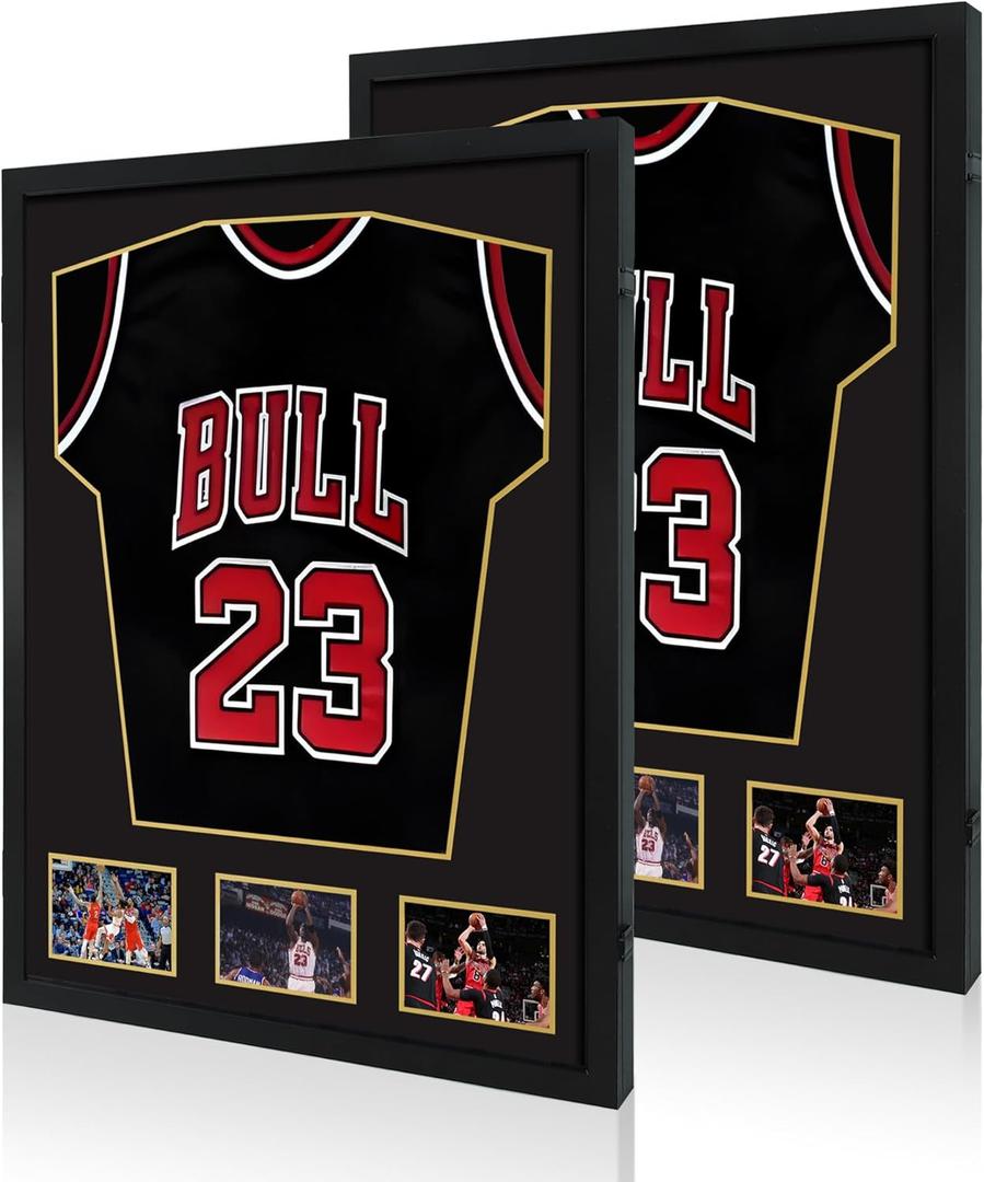 Wooden Jersey Frame Display Case 2 Pack, Large Sports Jersey Shadow Box Frame with Mats and Hanger for Hockey Football Baseball Basketball Soccer Jersey Shirt and Uniform, Black