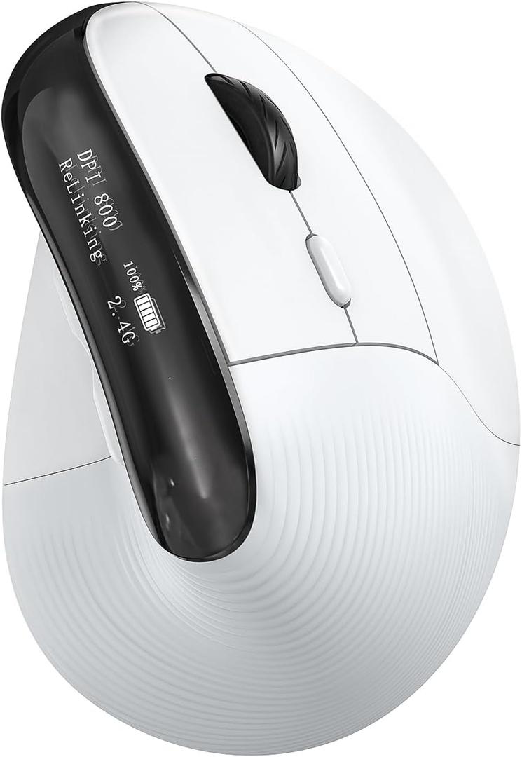 KYSONA Wireless Ergonomic Mouse, Vertical Ergo Mouse with OLED Screen, Quiet Click, Rechargeable, Wired/Bluetooth/2.4GHz, 5 Adijustable DPI 800-6400 for Laptop, PC, Desktop, Computer, White