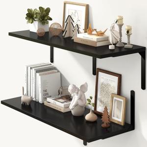 Fun Memories Floating Shelves for Wall, 12 Inch Deep Floating Shelves Set of 2, Wall Mounted Shelf with Metal Brackets, Rustic Wood Wide Shelf for Bathroom, Kitchen and Living Room, Black, 36W x 12D