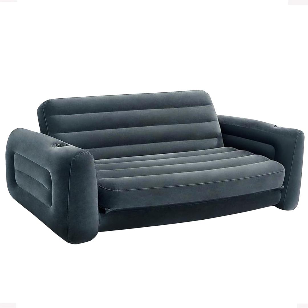 Intex Inflatable Pull-Out Sofa: Velvety Surface, 2-in-1 Valve, Cupholder,  - Blow-Up Couch and Folding Queen Size Air Mattress Bed  80"D x 91"W x 26"H