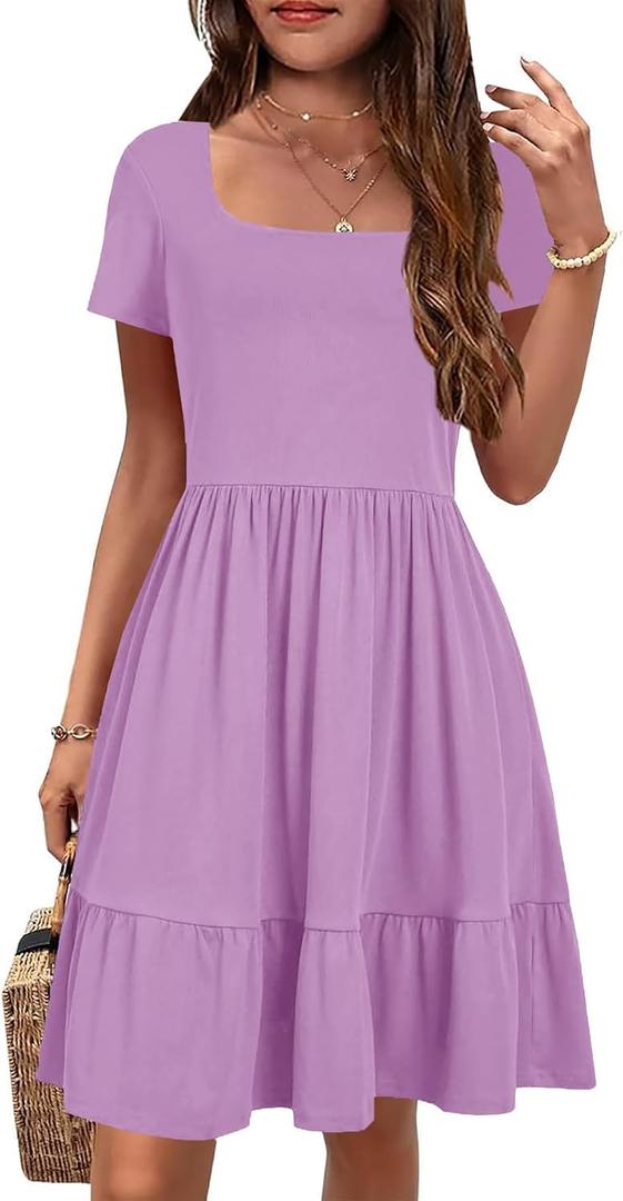 YOVION Girls Summer Dress Square Neck Short Sleeve Casual Loose Ruffle Tiered Dresses with Pockets for 6-12 Y (Purple)