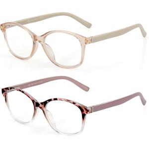 SKYOAK 2 Pack Vibrant Progressive Multifocus Reading Glasses Women, Stylish Spring Hinge Multifocal Readers, Lightweight Anti Blue Light Computer Eyeglasses for Near Range (Pink & Tortoise, 2.0x)