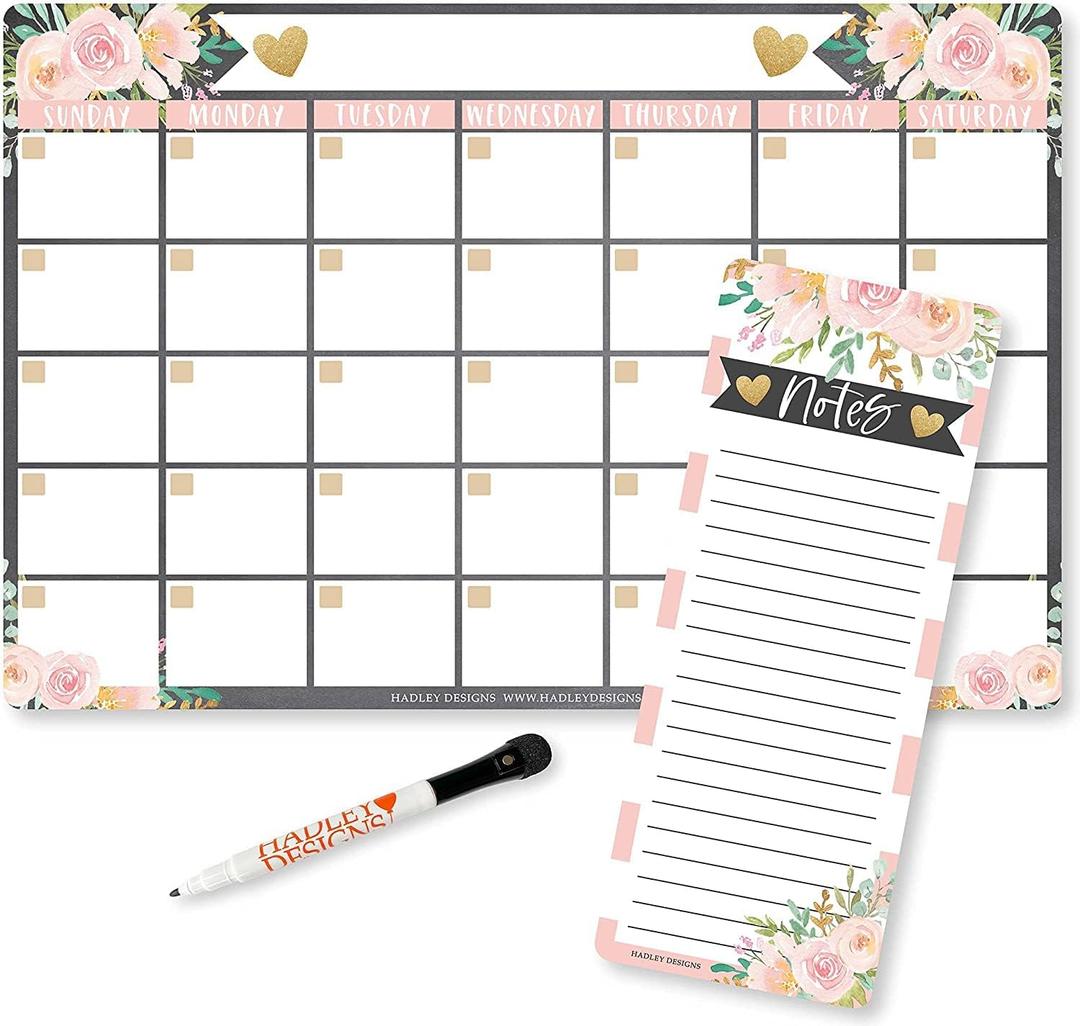 Hadley Designs - Floral Magnetic Fridge Dry Erase Magnetic Calendar for Refrigerator, White Board Calendar for Wall, Dry Erase Board, Notepad