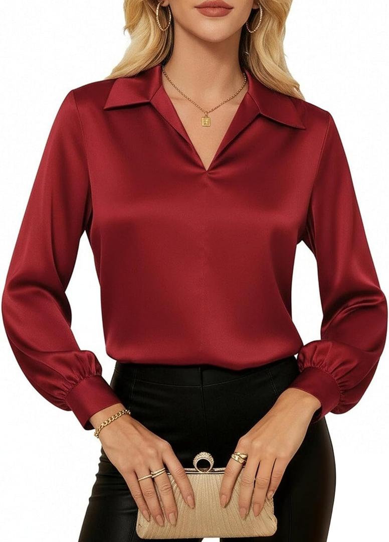 GRACE KARIN Business Casual Tops for Women Satin Silk Blouse Collared V Neck Long Sleeve Work Shirt Dressy Top Summer Outfits (X-Large)