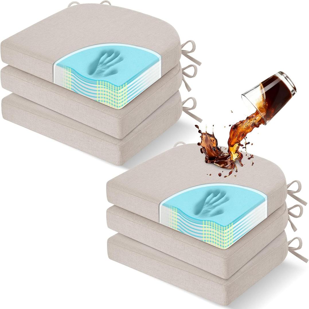 downluxe Chair Cushions for Dining Chairs, Memory Foam Linen Kitchen Chair Pads with Ties, Waterproof, Stain-Resistant and Washable Cover, 17" x 16" x 2.5", Beige, 6 Pack