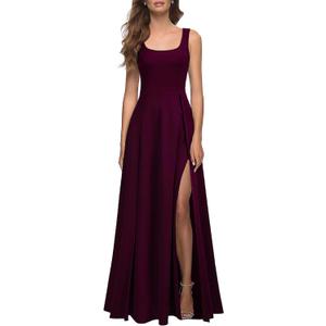 MUSHARE Women's Square Neck Sexy Split Cocktail Party Maxi Long Formal Dress (Medium, Burgundy)