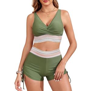 Women's Two Piece Swimsuit with Boy Shorts High Waisted Bikini Sets Sporty Swimming Suits Bathing Suit 2XL