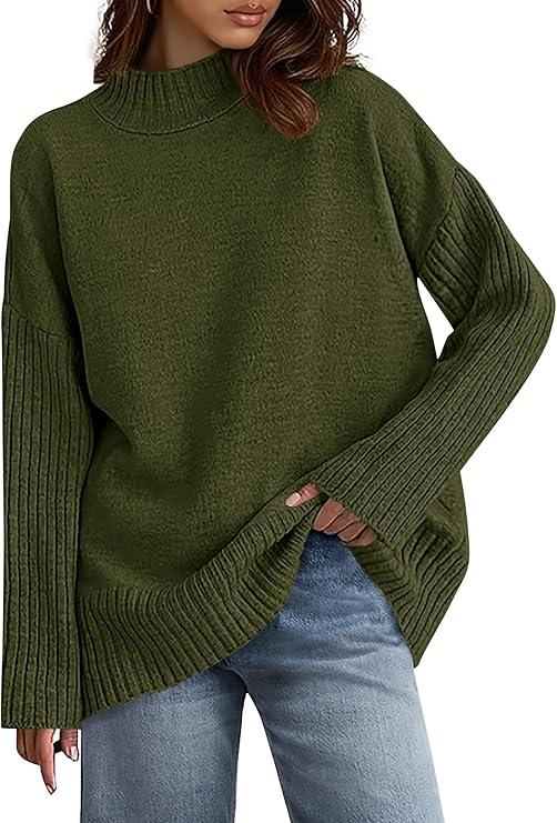 PRETTYGARDEN Casual Long Sleeve Oversized Sweaters for Women 2025 Loose Mock Neck Pullover Sweater Ribbed Knit Fall Clothes (Medium, Army Green)