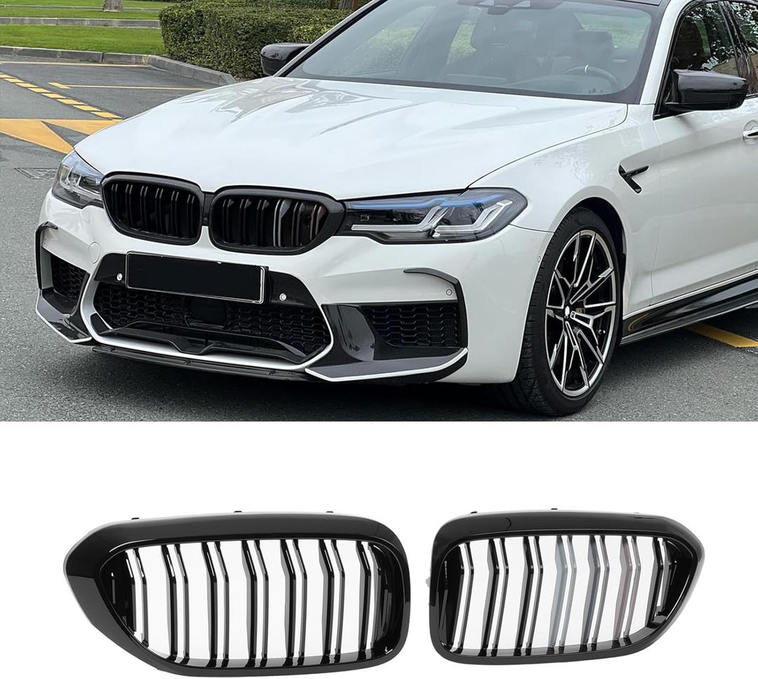 KHK Front Grill Compatible with BMW 5 Series G30 F90 M5 2017-2020 530e 530i 540i 550i xDrive, Gloss Black ABS Automotive Replacement Double Slats with M Color Kidney Front Grille Upgrade Grille