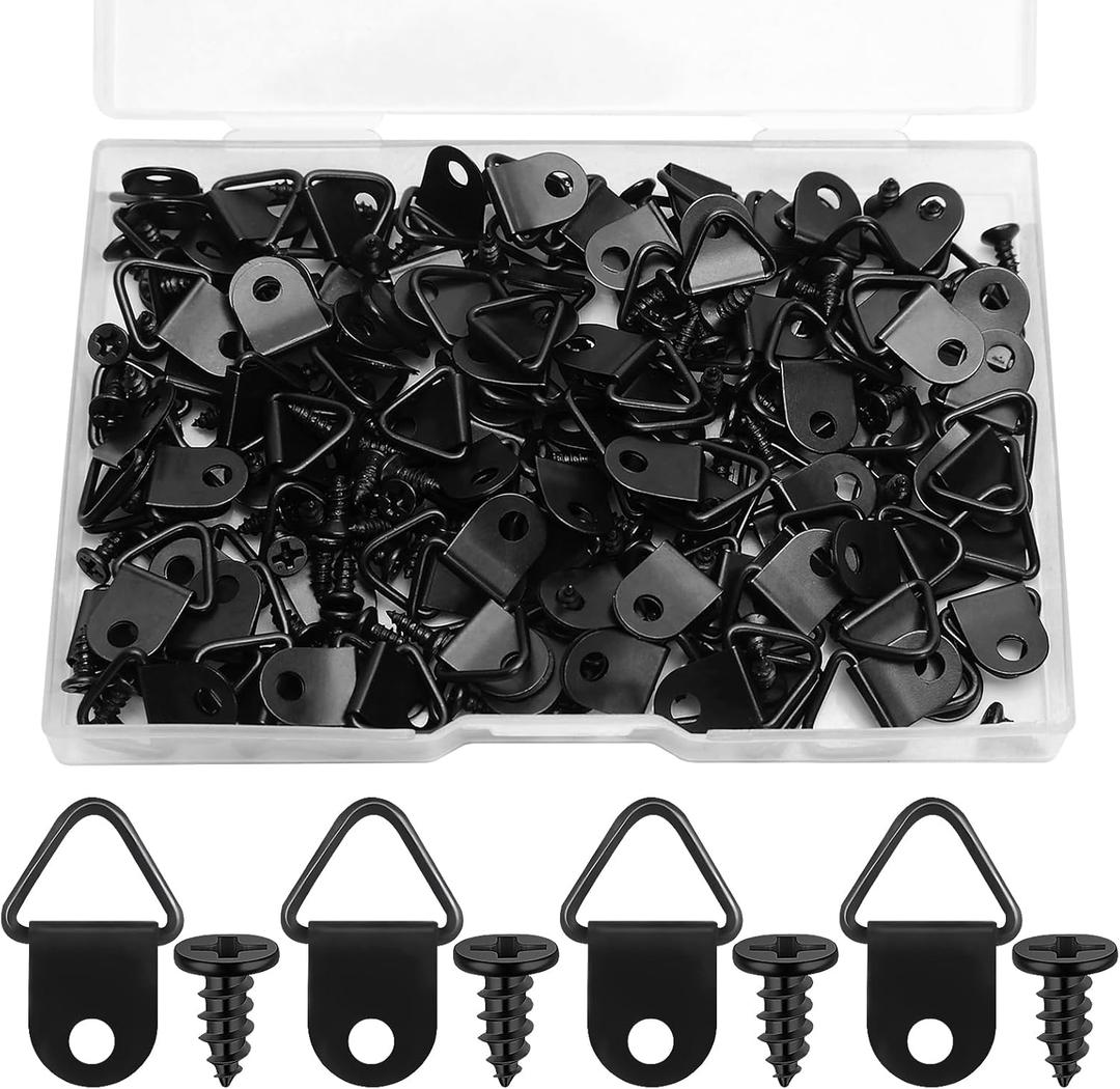 100 Pcs D Ring Picture Hangers,Small Triangle Ring with 100pcs 8mm Screws,Picture Frame Hangers Picture Hooks D Rings for Clock,Decoration,Mirror, Paintings, Artwork Picture Frame (Black)
