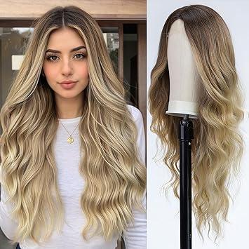 EMMOR Long Ombre Blonde Wavy Wig for Women Lace Front Wigs Natural Looking 26 Inch Middle Part Curly Wig Heat Resistant Synthetic Wigs for Daily Party Use