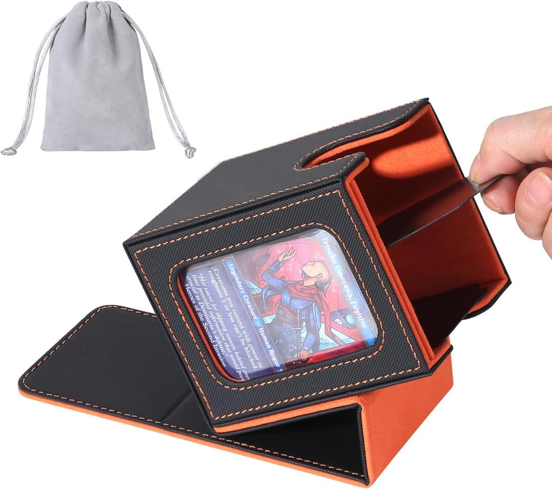 AFIING MTG Deck Box for Commander Display,Card Deck Case Fits 100 Double Sleeved Cards, Magic Commander TCG Card Storage Box with 2 Dividers,Dice Bag and 1 Toploader(Black/Orange)