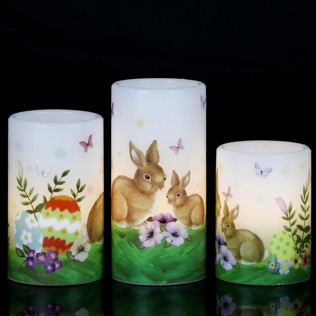 DRomance Easter Bunny Flameless Flickering Candles with 6 Hour Timer, Battery Operated Real Wax White LED Pillar Candles Warm Light Dinner Table Home Decor(3 x 4,5,6 Inches) (A-3 Pack Easter Timer)