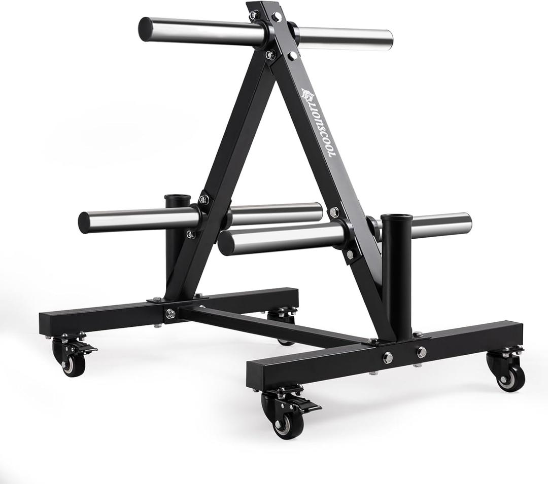 LIONSCOOL 2-Inch Olympic Weight Plate Tree and 2 Barbell Holders, Bumper Plate Storage Rack with Optional Wheels, 650LBS/1000LBS Weight Capacity 