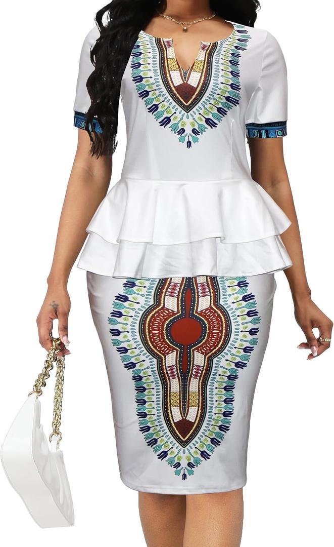 VisiChenup African Dress for Women Sexy Elegant Short Sleeve Bodycon Ladies Pencil Dresses (Medium, White)