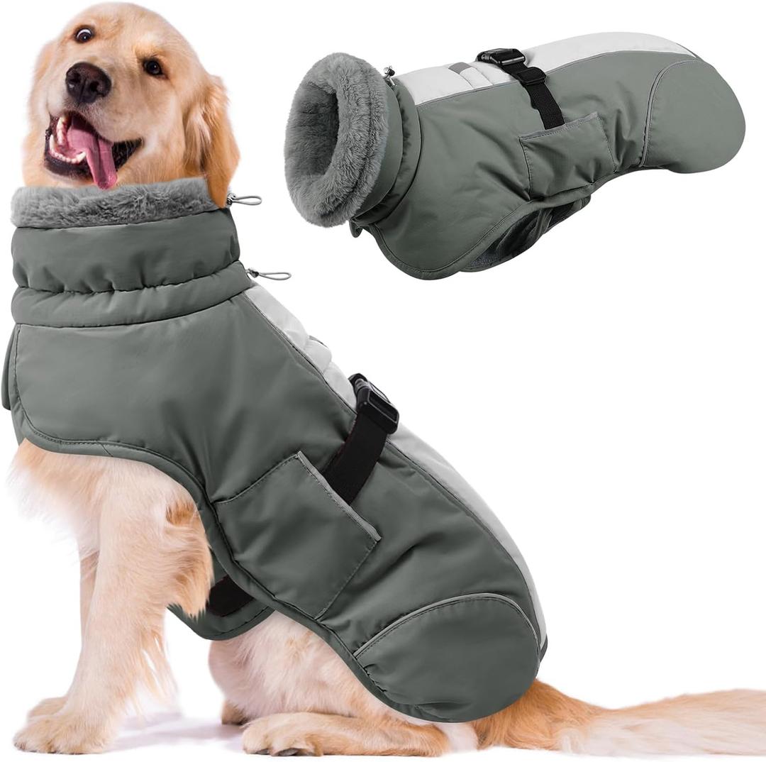 Queenmore Dog Cold Weather Coats, Fleece Collar Pet Apparel for Cold Weather, Dog Snowsuit, Cozy Winter Dogs Jackets Winter with Quick Release, Grey, XXL