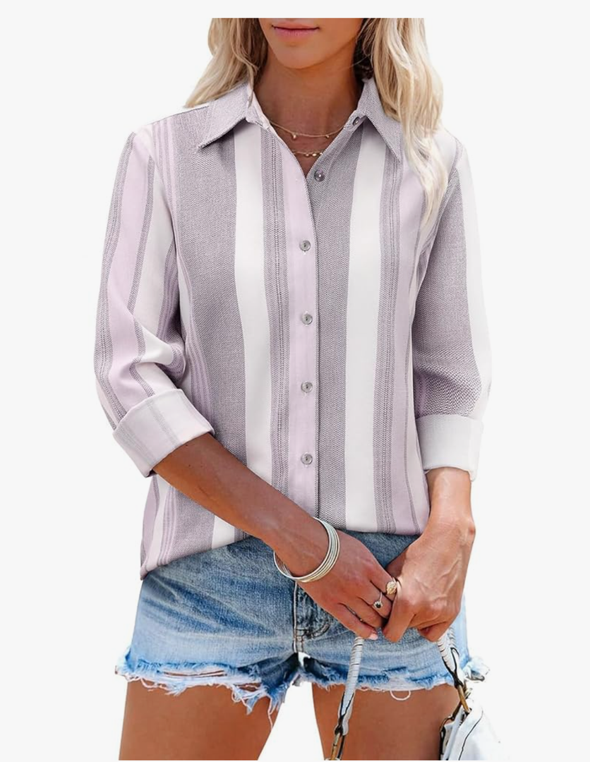 Women's Striped Button Down Shirts Linen Long Sleeve Dress Shirts Collared Blouses Business Casual Outfits Tops size L
