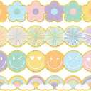 Whaline 60Pcs Bulletin Board Borders Back to School Pastel Colorful Preppy Firework Poms Happy Face Boho Flower Rainbow Border Trim with Gold Edge for Home Classroom Party Wall Decoration