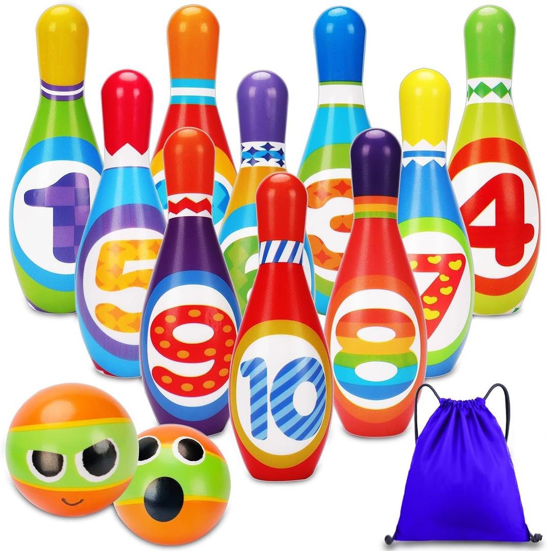 AugToy Kids Bowling Set 2-5 Toddler Indoor Bowling Game Toy for 1 2 3 4 Year Old Boys Girls Soft 10 Colorful Foam Bowling Pins 2 Bowling Ball Developmental Sensory Toddler Age 2-4 3-5 Present