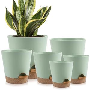 YNNICO Indoor Self Watering Planters with Drainage Holes and Saucers, 8, 7, 6.5, 6, 5.5, 5 Inches, Green, 6 Pots.