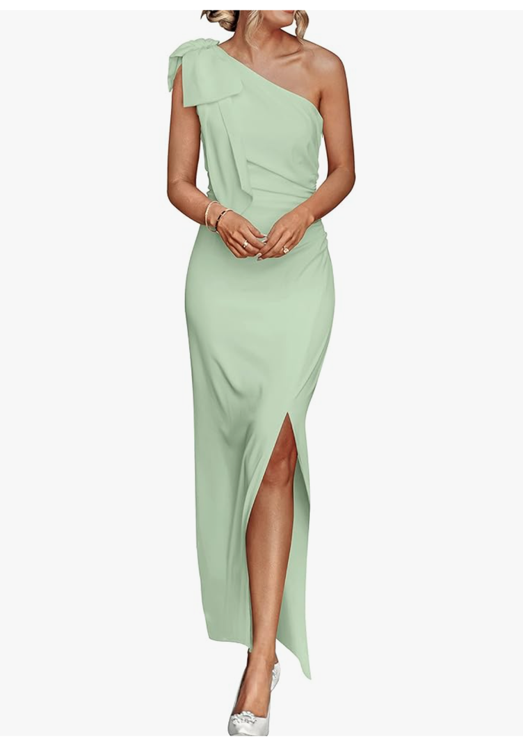 PRETTYGARDEN Summer One Shoulder Long Formal Women's Dress Sleeveless Ruched Bodycon Wedding Guest Slit Maxi Dresses, Medium