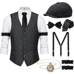 YESSA 1920s Mens Costume,Roaring 20s Costumes for Men,Gatsby Costume Men,1920s Mens Outfit Hat Vest Pocket Watch Tie