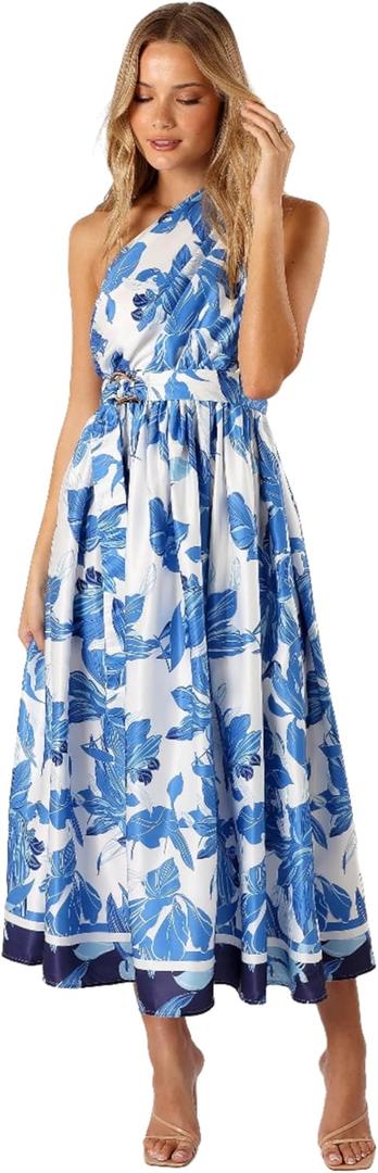 Petal & Pup Women's Naomi One Shoulder Midi Dress (Medium, Blue Floral)