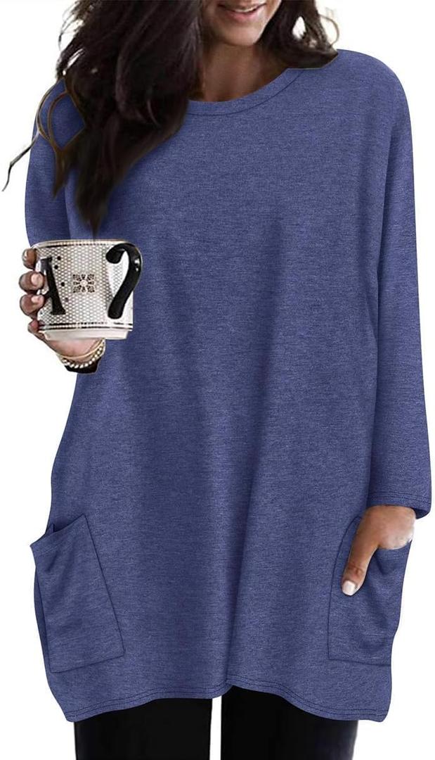 TIYOMI Plus Size Shirts Long Sleeve Tunic Tops for Women XL-5XL (Blue, XL)