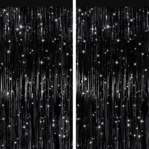 2 Pack Black Metallic Tinsel Foil Fringe Curtains, Door Streamers Photo Booth Backdrop for Birthday Party, Tinsel Curtain Backdrop for Baby Shower Bachelorette Christmas Party Decorations