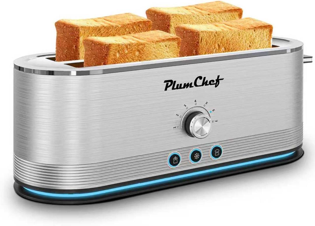 Plum chef 4-Slice Toaster with Light Strip, Extra Long Slot Toaster, 7 Browning Settings, Defrost/Reheat Functions, Removable Crumb Tray, Stainless Steel Housing, Anti-Jam & Self-Centering