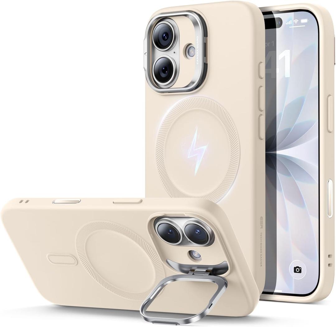 ESR Silicone Case for iPhone 17, Built-in Camera Stash Stand Compatible with MagSafe, Military-Grade Drop Protection Magnetic Phone Case for iPhone 17, Cloud Series, Beige
