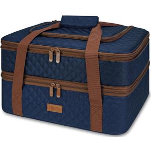 Quilted Insulated Double Casserole Carrier - Thermal Lunch Tote for Potluck Parties, Picnic, Beach, Fits 9 x 17 Inches Baking Dish, Casserole Dish, Expandable (Blue)