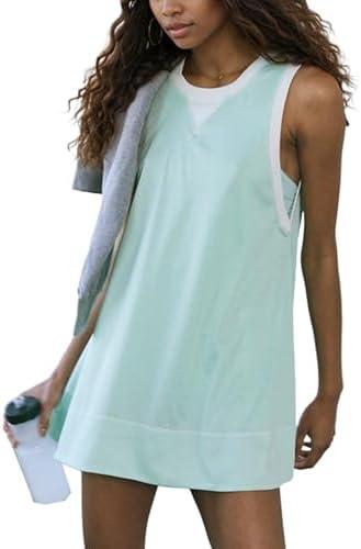 Lauweion Womens Sleeveless Mesh Athletic Mini Dress Loose Fit V Back Crewneck Contrast Tennis Golf Workout Flare Short Dress Green, Small 