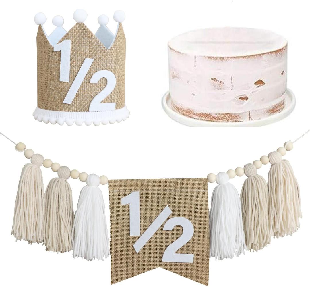 1/2 Birthday High Chair Banner, Half Way To One Banner,1/2 Crown Hat,6 Months Photo Backdrop,Wall Hangings Decorative For Kids Bedroom Nursery White