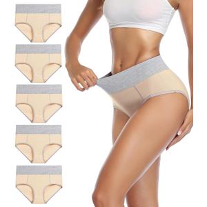 wirarpa Women's Cotton Underwear High Waist Stretch Briefs Soft Underpants Ladies Full Coverage Panties 5 Pack (Medium, Beige)